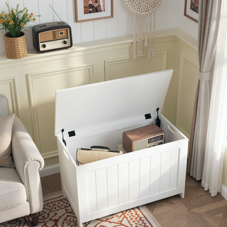 Sunvega Wooden Storage Chest with Safety Hinges and Side Handles White