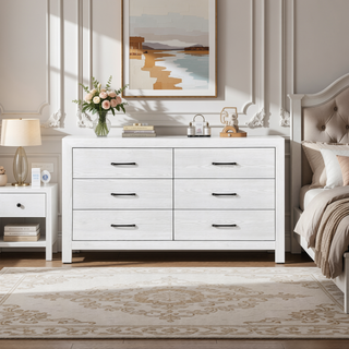 Sunvega 59 Inch Wide Dresser with Six Dovetail Drawers and Black Nickel Handles
