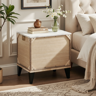 Sunvega Cream Oak Nightstand with Faux Marble Top and Rustic Wood Accents