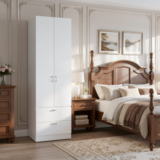 Sunvega 76 Inch High Armoire Wardrobe with 2 Drawers Double Door and Hanging Rod