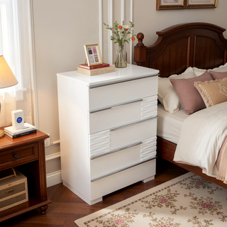 Sunvega Modern White Lacquer 5-Drawer Chest of Drawers in Poplar Wood