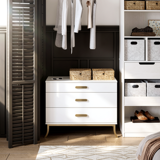 Sunvega Off-White Dresser with Gold Oval Handles and Three Tiered Storage Drawers