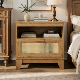 Sunvega Modern Cane Nightstand with Drawer and Open Cubby for Bedroom