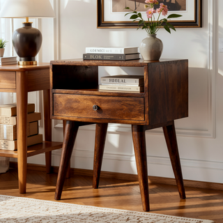 Sunvega Modern Chestnut Solid Wood Bedside Table with Drawer and Open Slot