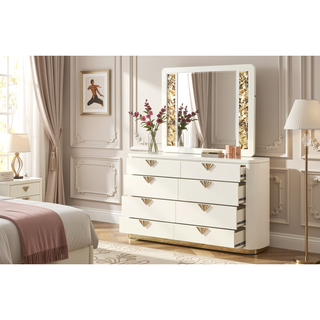 Sunvega Modern High-Gloss Beige Dresser with Six Spacious Drawers and Gold Accents