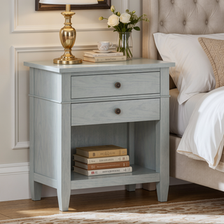 Sunvega Fog Grey Solid Wood Bedside Table with Two Spacious Drawers