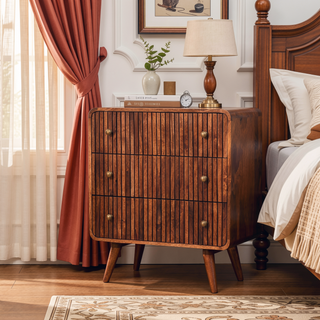 Sunvega Honey Caramel Solid Mango Wood T-Bar Ridged Chest with 3 Drawers