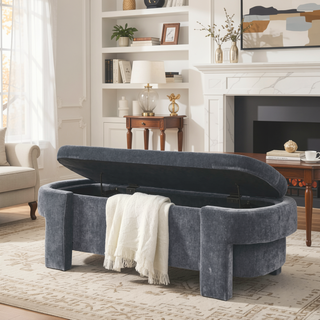 Sunvega Large Linen Upholstered Storage Bench with Foam Seat for Living Room