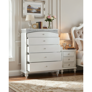 Sunvega Platinum Finish Chest with Five Spacious Drawers and Rhinestone Inlays