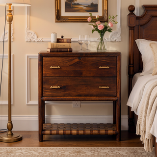 Sunvega Modern Woven 2-Drawer Nightstand with Brass Handles and Braided Shelf