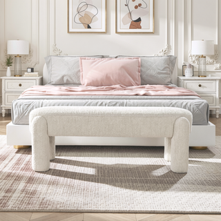 Sunvega Contemporary Fully Upholstered Oval Bench with Boucle Fabric for Living Room
