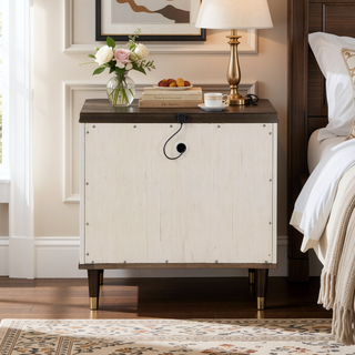 Sunvega White and Brown 2-Drawer Nightstand with USB Port for Bedroom