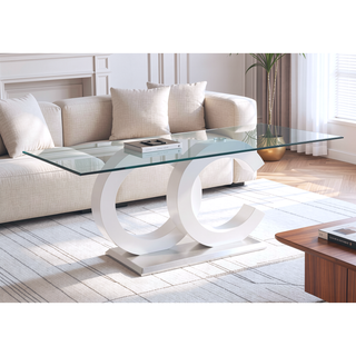 Sunvega Modern White Tempered Glass Dining Table with OC-Shaped Stainless Steel Base