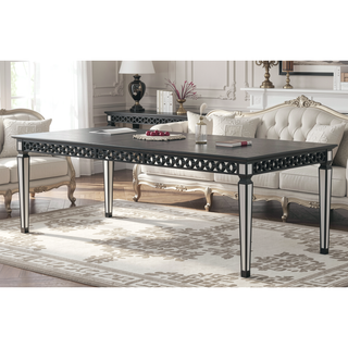 Sunvega Mirrored Black Finish Dining Table with Geometric Trim and Extension Leaf