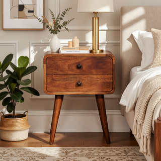 Sunvega Solid Mango Wood Curved Bedside Table with Two Drawers Honey Caramel Finish