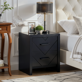 Sunvega Fully Assembled Nightstand with V Shape Embossing and Black Handles