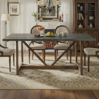 Sunvega Modern Farmhouse Solid Wood Trestle Dining Table in Grey Brown