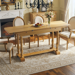 Sunvega Modern Farmhouse Folding Trestle Console to Dining Table in Natural Oak