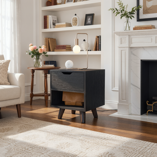 Sunvega Modern Nightstand with Spacious Drawer and Open Shelf on Chic Wooden Legs