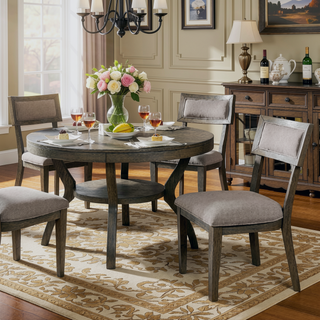 Sunvega Rustic Grey Solid Wood Round Dining Table with Open Shelf Storage