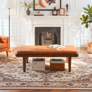 Sunvega Maddox Mid-Century Modern Upholstered Bench with Tan Leather and Teak Wood Legs