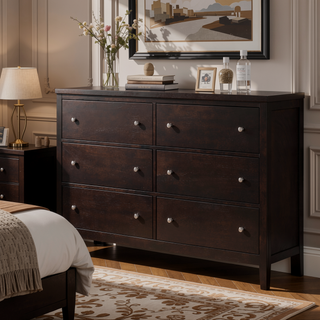 Sunvega Elegant Wood Dresser with Six Wide Drawers and Warm Cappuccino Finish