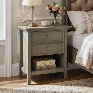 Sunvega Handcrafted Solid Wood Farmhouse Grey Bedside Table with Drawers