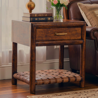 Sunvega Chestnut T-Bar Bedside with 1 Spacious Drawer and Woven Shelf