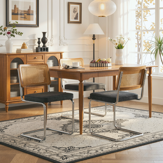 Sunvega Mid Century Modern Dining Chairs Set of 2 with Velvet Upholstery and Natural Rattan Back