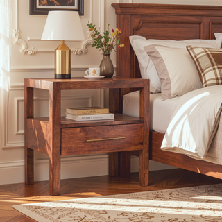 Sunvega Solid Mango Wood Caldera Nightstand with Drawer and Shelf in Honey Caramel