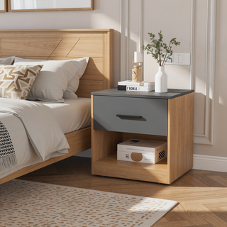Sunvega Natural Oak and Matt Grey Nightstand with 1-Drawer and Open Shelf