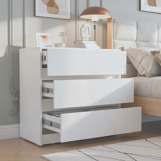Sunvega White Three Drawer Dresser with Pull Out Mechanism and Metal Rails