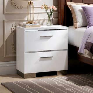 Sunvega Contemporary Wood and Metal Nightstand with 2 Drawers in White and Silver