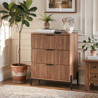 Sunvega Mid-Century Mocha 3-Drawer Chest with Reeded Wood Fronts