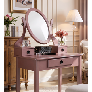 Sunvega Pink Wood Makeup Vanity Table and Stool Set with Mirror and Storage Drawers