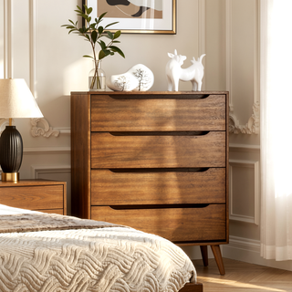 Sunvega Mid-Century Modern Black Chest with 4 Recessed Handle Drawers and Tapered Legs
