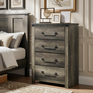 Sunvega Antique Brass Drop Handles Rustic Gray Chest with Four English Dovetail Drawers