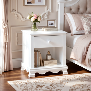 Sunvega Transitional White Solid Wood Nightstand with Drawer and Storage Shelves