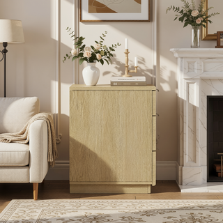 Sunvega Modern Oak Nightstand with 3 Drawers and Glam Metal Handles for Bedroom