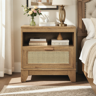 Sunvega Modern Cane Nightstand with Drawer and Open Cubby for Bedroom