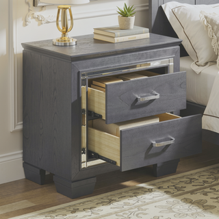 Sunvega Silver Faux Alligator Embossed Nightstand with 2 Dovetail Drawers and LED Lighting