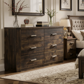Sunvega Rustic Walnut Finish Six-Drawer Dresser with Brushed Nickel Handles