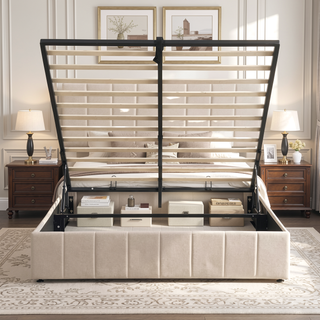 Sunvega Upholstered Platform Bed with Hydraulic Storage System in White Linen
