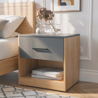 Sunvega Natural Oak and Matt Grey Nightstand with Drawer and Open Storage Shelf