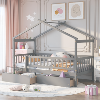 Sunvega Twin Size Wooden House Bed with Two Drawers and Headboard in White