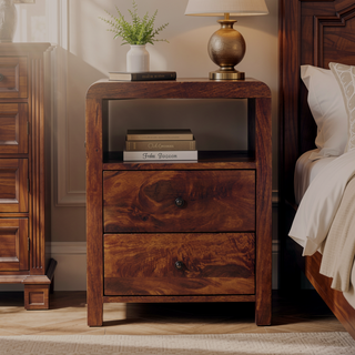 Sunvega Solid Mango Wood Nightstand with Two Drawers and Open Shelf