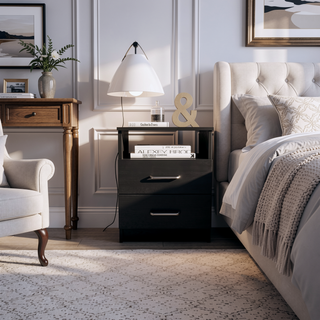 Sunvega Modern Latte Finish Nightstand with USB Charging and 3 Storage Drawers