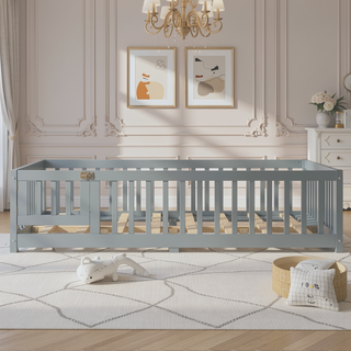 Sunvega Twin Size Floor Bed with Safety Guardrails and Door for Kids in Natural