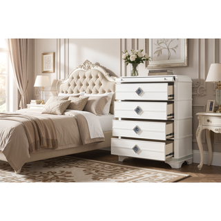 Sunvega Modern White Wood Chest with Crystal Accents and Hidden Jewelry Drawer