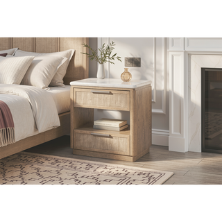 Sunvega Two Drawer Nightstand with Rope Fronts, Stone Top, and USB Charging Ports